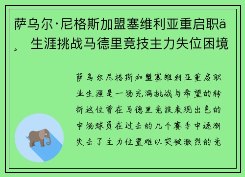 萨乌尔·尼格斯加盟塞维利亚重启职业生涯挑战马德里竞技主力失位困境