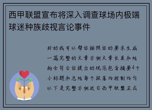 西甲联盟宣布将深入调查球场内极端球迷种族歧视言论事件